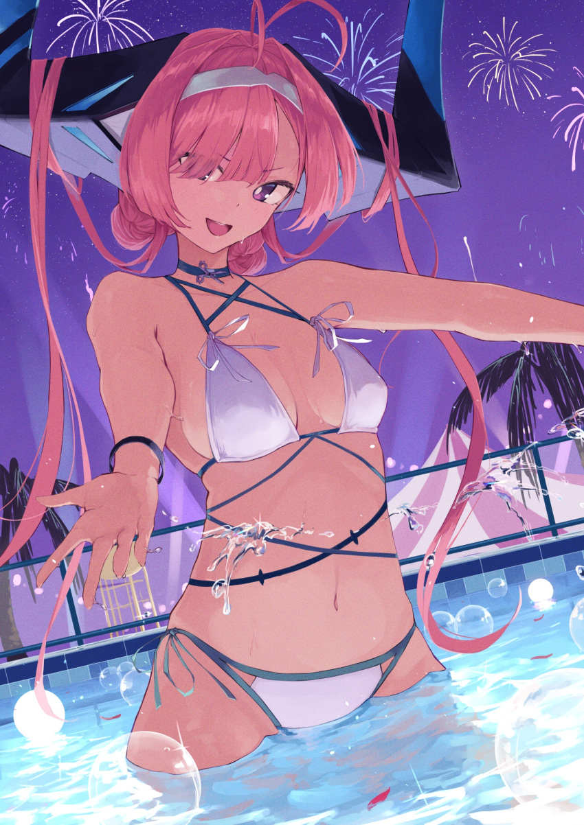 azur_lane bikini choker female hair_on_horn headband highres horns huge_horns mechanical_horns multicolored_horns navel pink_hair pool prinz_rupprecht_(azur_lane) prinz_rupprecht_(midnight_pearl)_(azur_lane) purple_eyes side-tie_bikini_bottom solo swimsuit umiya_mizuki