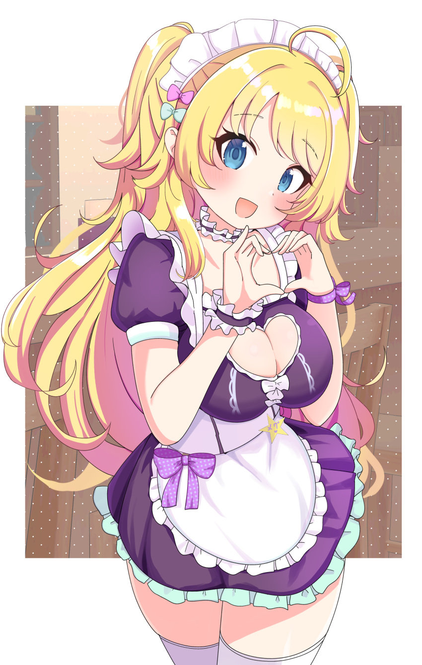 absurdres ahoge apron biba_eichi blonde_hair blue_eyes blue_ribbon blush border bow breasts brown_background chair choker cleavage cleavage_cutout clothing_cutout collarbone cowboy_shot dot_nose dress dress_bow female frilled_apron frilled_dress frills hachimiya_meguru hair_ribbon hairbow hands_up heart heart_cutout heart_hands highres idolmaster idolmaster_shiny_colors juliet_sleeves large_breasts long_hair long_sleeves looking_at_viewer maid miniskirt open_mouth outside_border puffy_sleeves purple_bow purple_choker purple_dress purple_ribbon purple_wrist_cuffs ribbon short_sleeves single_wrist_cuff skirt smile solo standing thighhighs waist_apron white_apron white_border white_bow white_thighhighs wrist_cuffs wrist_ribbon zettai_ryouiki