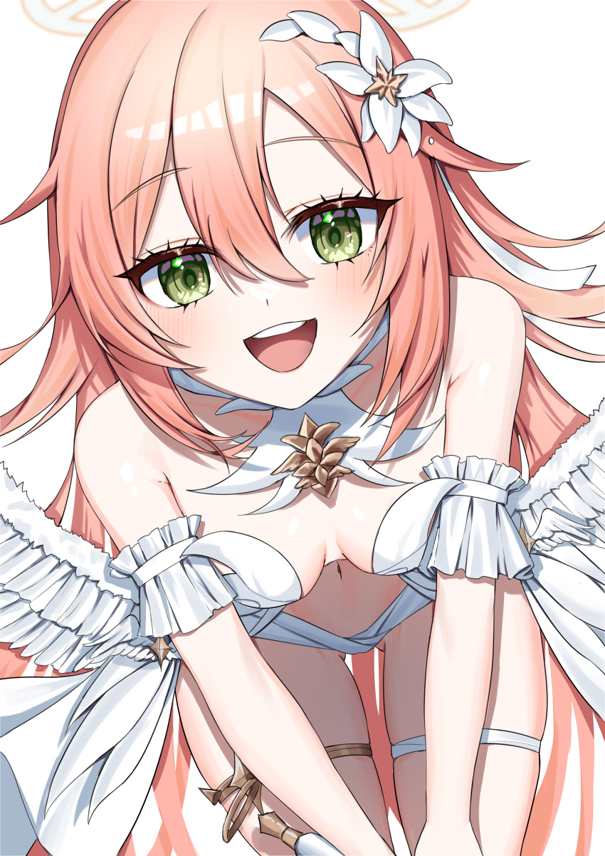 :d absurdres armpit_crease ass_visible_through_thighs bare_shoulders blush breasts breasts_apart commentary counter:side feathered_wings female flipped_hair flower green_eyes hair_between_eyes hair_flower hair_ornament halo highres jinggun leaning_forward long_hair looking_at_viewer navel official_alternate_costume pink_hair revealing_clothes showgirl_skirt simple_background small_breasts smile solo teeth thigh_strap upper_teeth_only very_long_hair white_background white_wings wings yuna_springfield