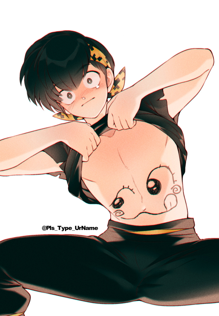 1boy artist_name bandana black_hair black_pants black_shirt clothes_lift hibiki_ryouga highres lifting_own_clothes looking_at_viewer male_focus pants ranma_1/2 shirt shirt_lift short_hair simple_background smiley_face solo stomach_tattoo tattoo tearing_up white_background yellow_bandana yonban_(pls_type_urname)