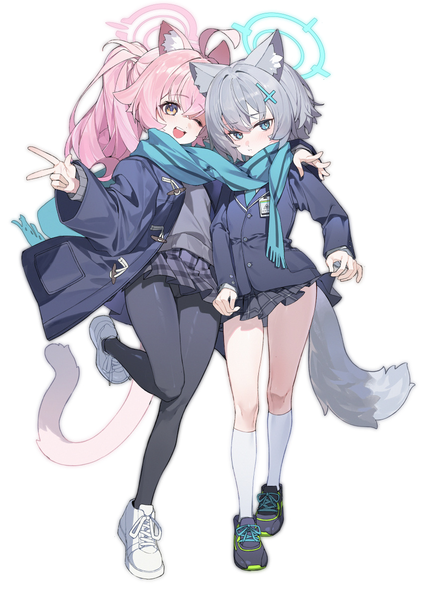 2girls absurdres animal_ear_fluff animal_ears black_pantyhose blue_archive blue_eyes blue_halo blue_jacket blue_scarf chinese_commentary commentary_request full_body grey_hair halo highres hoshino_(blue_archive) jacket long_hair long_sleeves looking_at_viewer lushi_jin_up miniskirt multiple_girls one_eye_closed open_clothes open_jacket open_mouth pantyhose pink_hair pink_halo plaid_clothes plaid_skirt ponytail scarf school_uniform shared_clothes shared_scarf shiroko_(blue_archive) shoes short_hair simple_background skirt smile socks standing standing_on_one_leg tail w white_background white_footwear white_socks wolf_ears wolf_tail