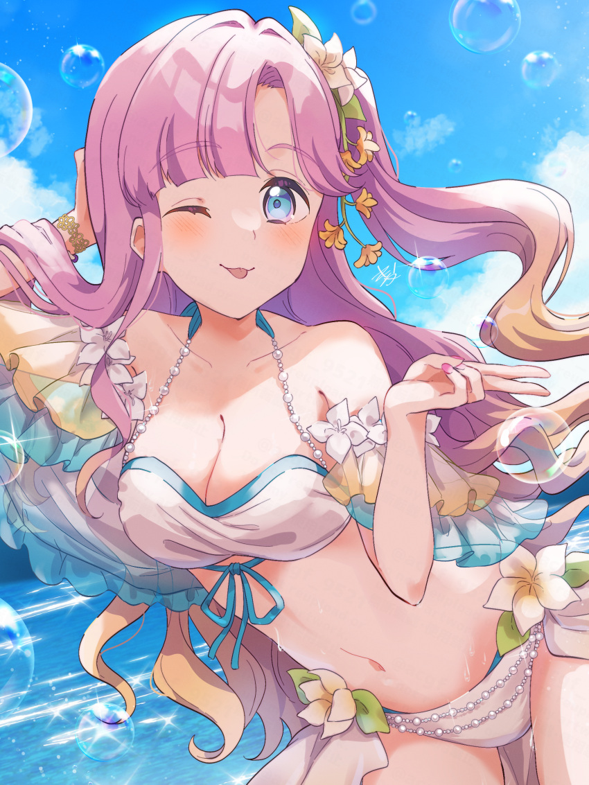 ;3 ;p absurdres anyoji_hime arm_up bikini blonde_hair blue_eyes blue_sky blunt_bangs blush breasts cleavage closed_mouth cloud cowboy_shot female flower flower_bikini gradient_hair hair_flower hair_intakes hair_ornament highres kyaku_tasu large_breasts leaning_forward link!_like!_love_live! long_hair looking_at_viewer love_live! multi-tied_hair multicolored_hair navel official_alternate_costume one_eye_closed one_side_up passion!!!!!!_(love_live!) pink_hair plumeria ponytail single_sidelock sky smile solo stomach swept_bangs swimsuit tongue tongue_out very_long_hair virtual_youtuber white_bikini white_flower