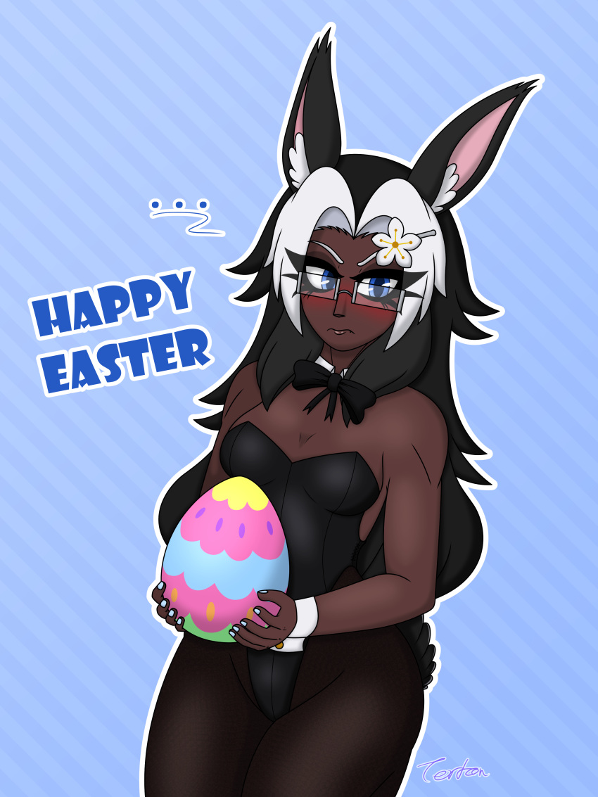 1girls angry black_hair blue_eyes blue_nails blush bonnie_the_bun_maid bowtie bowtie_collar bunny_ears bunny_girl bunny_tail bunnysuit dark-skinned_female dark_skin easter easter_egg flower_hair_ornament flustered glasses hairclip holding_object long_hair looking_away multicolored_hair oerba_yun_fang original original_character painted_nails small_breasts terton thick_thighs tights white_hair