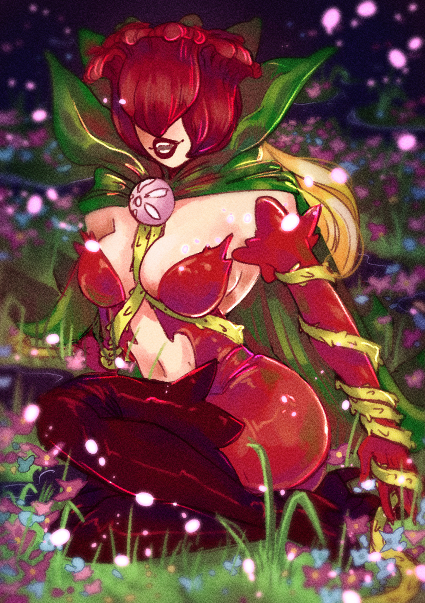 absurdres blonde_hair bodysuit boots breasts brooch cape cleavage clothing_cutout covered_eyes digimon digimon_(creature) elbow_gloves facing_away female fireflies flower gloves green_cape high_heel_boots high_heels highres holding holding_whip jewelry large_breasts lipstick long_hair makeup maybelsart monster_girl navel navel_cutout on_grass open_mouth pink_gemstone plant plant_girl red_bodysuit red_footwear red_gloves red_lips rosemon sitting solo teeth thigh_boots thorns vine_whip vines whip