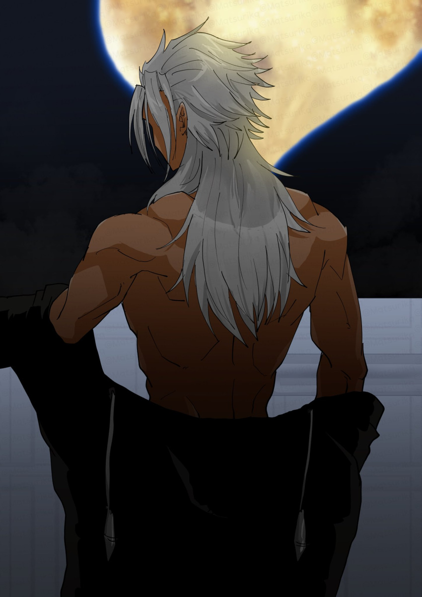 1boy back black_coat_(kingdom_hearts) coat dark-skinned_male dark_skin from_behind grey_hair highres kingdom_hearts kingdom_hearts_ii long_hair male_focus moon mqtsurikq night partially_undressed pointy_ears spiked_hair toned toned_male translation_request undressing xemnas