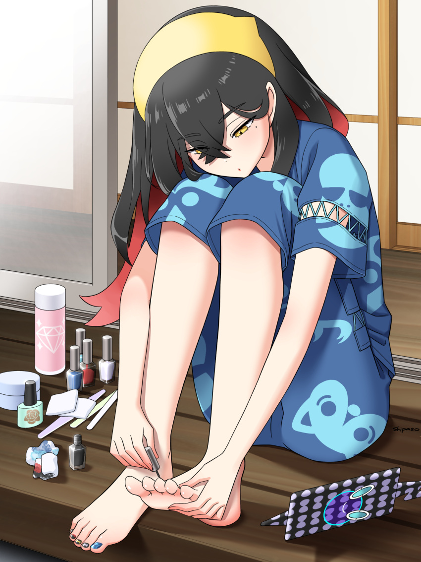 applying_pedicure barefoot black_hair blue_pants blue_shirt bottle capri_pants carmine_(pokemon) commentary_request commission crossed_bangs female hairband highres holding holding_own_foot long_hair looking_down multicolored_hair nail_polish pants pokemon pokemon_sv red_hair risapaso rotom rotom_phone shirt short_sleeves sitting skeb_commission solo toenail_polish toenails toes two-tone_hair yellow_eyes yellow_hairband