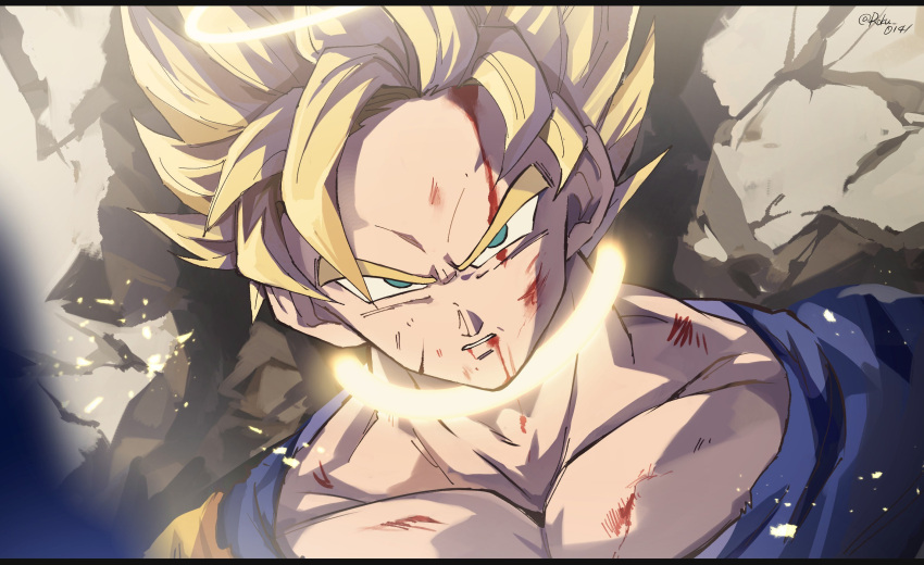 1boy blood blood_from_mouth blood_on_face blurry commentary_request depth_of_field dragon_ball dragon_ball_z dutch_angle furrowed_brow highres large_pectorals male_focus pectoral_cleavage pectorals portrait pov roku_(roku_0141) serious solo_focus son_goku super_saiyan super_saiyan_2