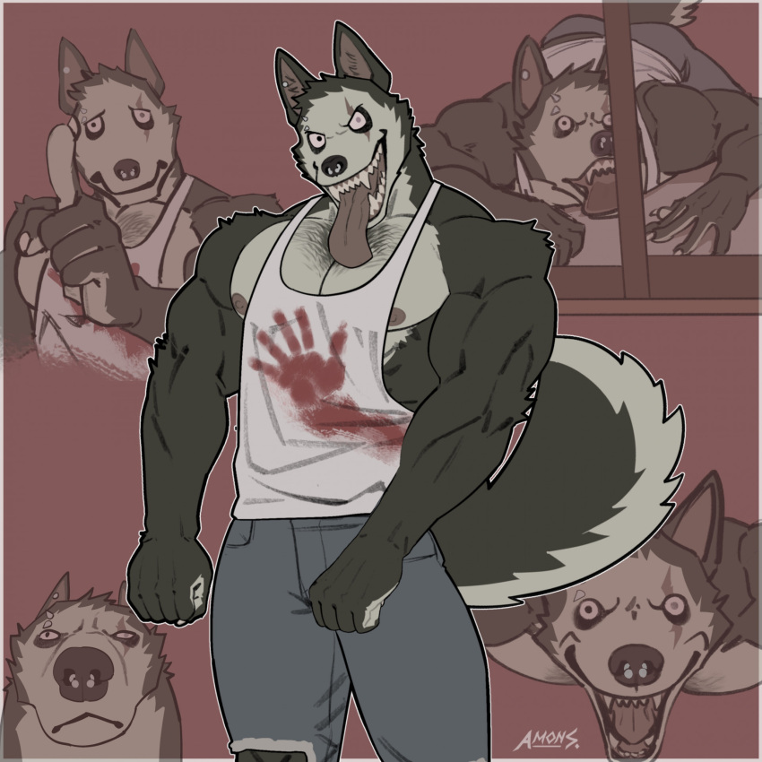 2024 amon-sydonai anthro areola barazoku biceps big_muscles blood bodily_fluids body_hair border bottomwear canid canine canis chest_hair claws clothed clothing creepy creepy_face creepypasta deltoids demon denim denim_bottomwear denim_clothing domestic_dog ear_piercing eyebrow_piercing facial_piercing frown fur gesture goofy_smile hand_gesture hi_res huge_muscles husky jeans licking looking_at_viewer lying male mammal monster muscular muscular_anthro muscular_male nipples nordic_sled_dog nose_piercing on_front open_mouth open_smile pants pecs piercing pointing red_background scar sharp_teeth shirt signature silly silly_face simple_background smile smile.dog solo spitz standing tank_top teeth tongue tongue_out topwear triceps tuft white_border