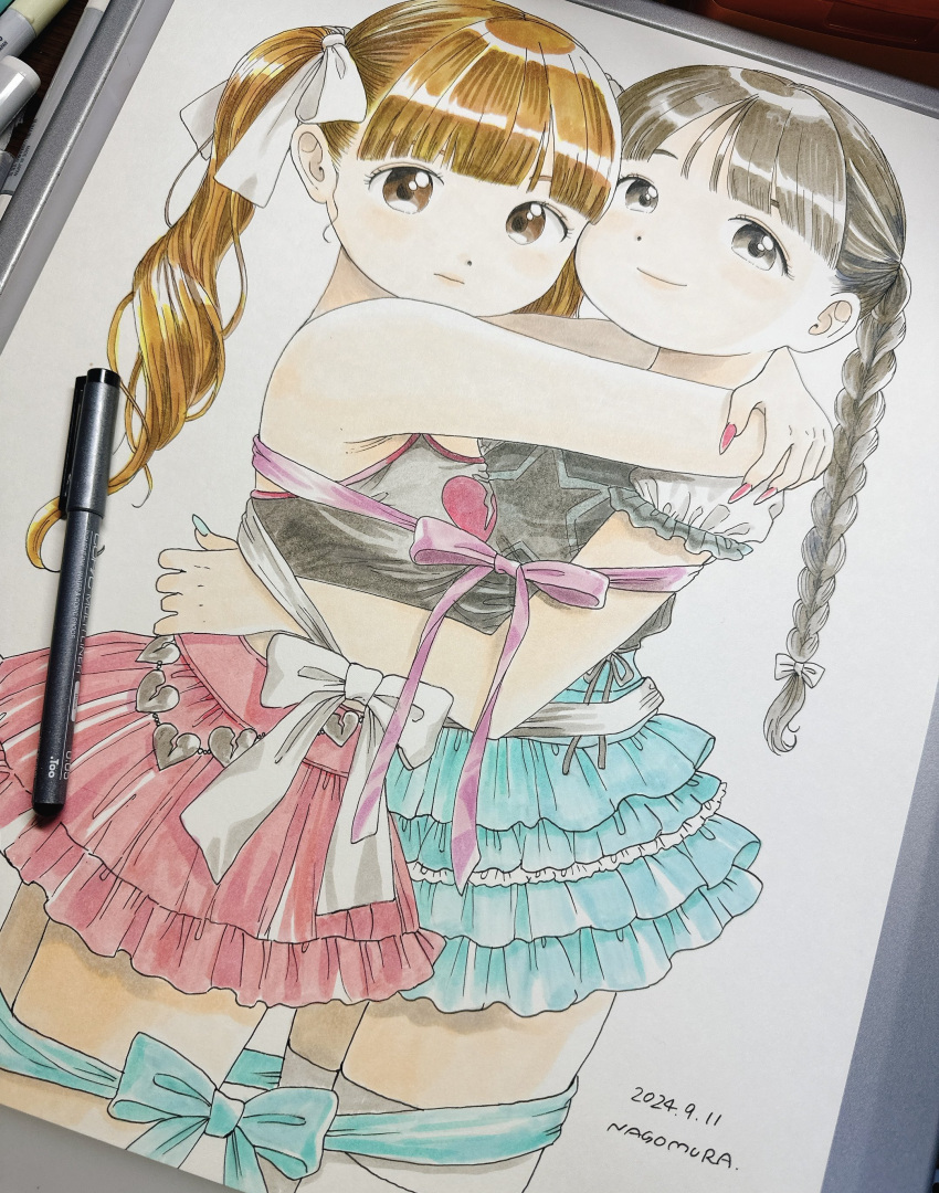 2girls absurdres art_tools_in_frame artist_name bare_shoulders blue_bow blue_nails blue_ribbon blue_skirt blunt_bangs bound bow bowtie braid braided_twintails breasts brown_eyes brown_hair closed_mouth cowboy_shot dated dot_nose drawing_(object) dutch_angle expressionless frilled_skirt frills grey_eyes grey_hair hair_ornament hairbow highres ink_(medium) lips looking_at_viewer medium_breasts multiple_girls nagomurasan nail_polish original pastel_(medium) pink_bow pink_nails pink_ribbon pink_skirt ponytail puffy_short_sleeves puffy_sleeves ribbon ribbon_bondage short_sleeves signature skirt smile standing thighhighs traditional_media white_bow white_ribbon white_thighhighs wrapped_up