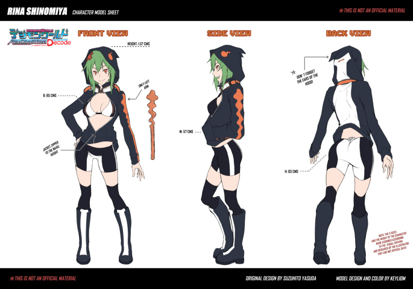 bike_shorts bikini bikini_top_only black_bikini black_jacket breasts cleavage digimon digimon_world_re:digitize female goggles goggles_around_neck green_hair hair_between_eyes hood hood_up hooded_jacket jacket keyliom long_sleeves looking_at_viewer orange_eyes over-kneehighs partially_unzipped print_footwear print_jacket print_shorts reference_sheet shinomiya_rina short_hair short_hair_with_long_locks shorts sidelocks smile swimsuit thighhighs two-tone_bikini white_bikini