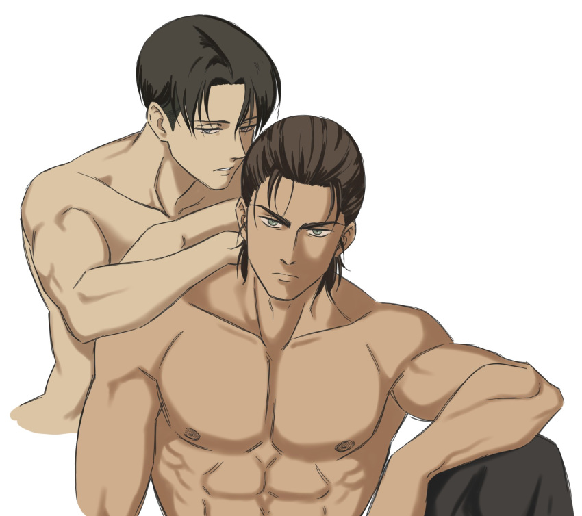 2boys abs arm_on_another's_shoulder bara black_hair black_pants brown_hair closed_mouth collarbone commentary cropped_torso elbow_on_knee english_commentary eren_yeager expressionless green_eyes grey_eyes highres large_pectorals levi_(shingeki_no_kyojin) male_focus multiple_boys muscular muscular_male nipples pants pectorals raiza_(raiza_delatorre) shingeki_no_kyojin short_hair simple_background teeth topless_male undercut white_background yaoi