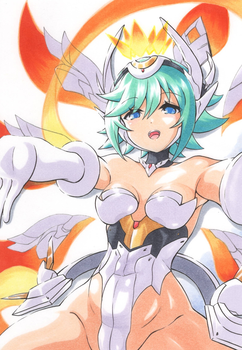 ajikeneko azure_striker_gunvolt bare_shoulders blue_eyes breasts cowboy_shot energy_wings green_hair gunvolt_chronicles_luminous_avenger_ix headgear highleg highres leotard roro_(gunvolt) short_hair simple_background small_breasts traditional_media white_background white_leotard