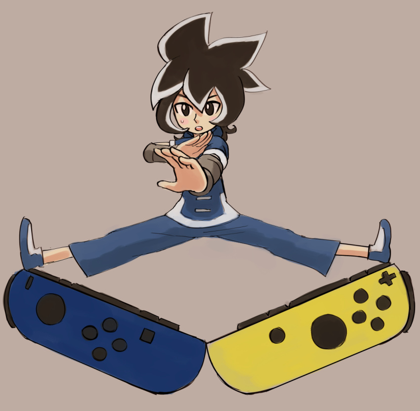 1boy :o black_eyes black_hair blue_pants blue_shirt blush chinese_clothes drawfag drawthread_request fighting_stance fully_clothed joycon_controller nintendo nintendo_switch open_mouth short_hair short_sleeves solo splits streaked_hair sweat warioware warioware:_get_it_together! white_tips young_cricket_(warioware)