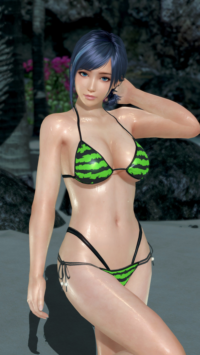 alluring bare_legs beach big_breasts black_and_blue_hair cleavage dead_or_alive dead_or_alive_xtreme_venus_vacation female night pin_up posing reika_(doa) tecmo watermelon_bikini yagi_(artist)