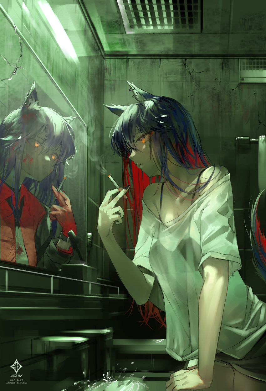 a0lp animal_ears arknights arm_support bare_shoulders bathroom black_bra black_hair black_necktie blood blood_on_face bra cigarette collared_shirt colored_inner_hair commentary english_commentary faucet female gloves grate highres holding holding_cigarette leaning_forward looking_at_mirror looking_at_self mirror multicolored_hair necktie official_alternate_costume orange_eyes red_gloves red_shirt reflection shirt short_shorts shorts sink texas_(arknights) texas_(willpower)_(arknights) tile_wall tiles toothbrush towel towel_rack underwear water white_shirt wolf_ears wolf_girl