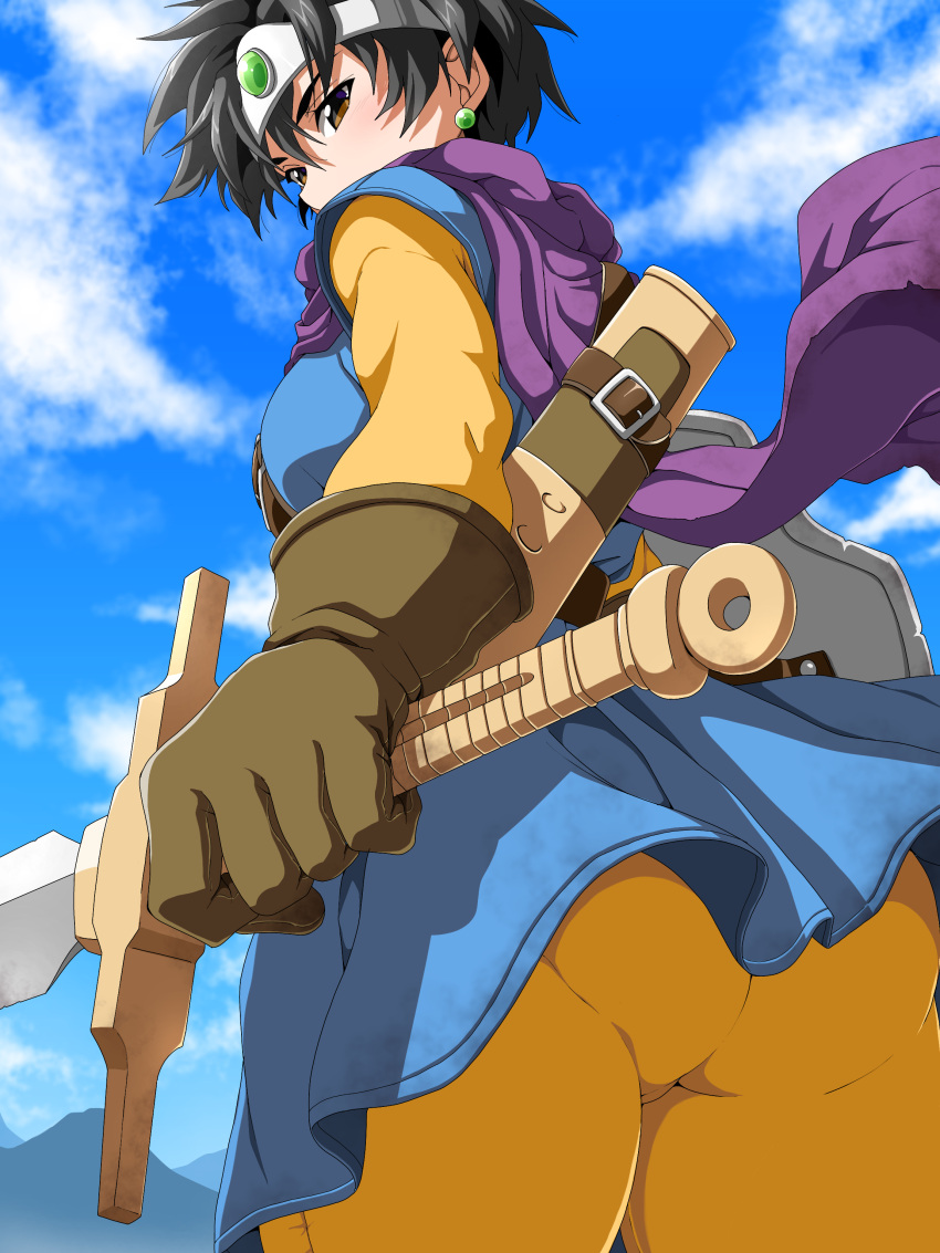 absurdres ass black_hair blue_sky blue_tunic brown_eyes brown_gloves cape cloud commentary_request covered_mouth day dragon_quest dragon_quest_iii earrings female floating_clothes floating_hair from_behind from_below gloves heroine_(dq3) highres holding holding_shield holding_sword holding_weapon jewelry looking_at_viewer looking_down purple_cape roto_(dq3) ryohei_29 scabbard sheath shield short_hair silver_circlet sky solo sword tunic weapon yellow_leggings