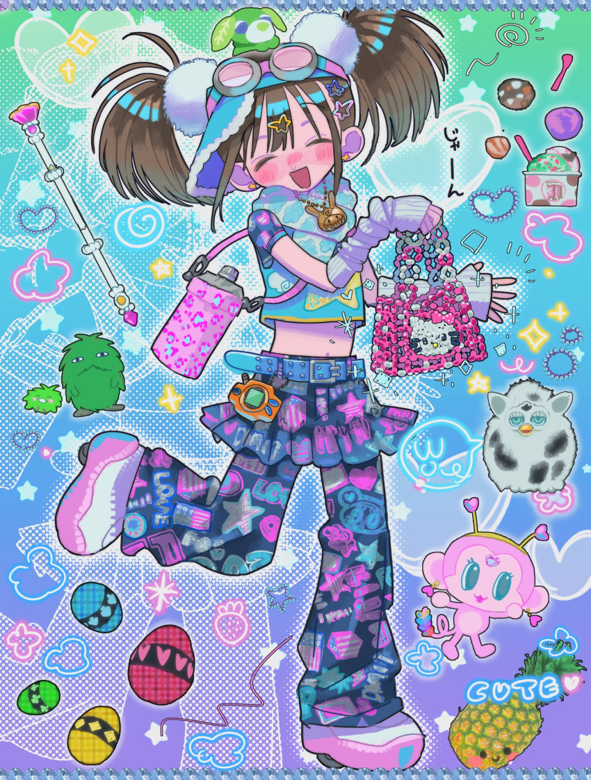 angel_blue arm_warmers bag beads belt brown_hair canine character_request closed_eyes colorful copyright_request crop_top denim denim_skirt digimon egg female food fruit furby goggles goggles_on_head handbag happy hasbro heelys heisei heisei_retro hello_kitty hello_kitty_(character) highres ice_cream jeans midriff monkey nakamura-kun_(angel_blue) ochaken original pants pineapple pleated_skirt poin_(goruchopame) print_pants print_shirt print_skirt ryoku_(ochaken) sanrio scarf shirt shugo_chara! skirt solo standing standing_on_one_leg twintails wand y2k_fashion