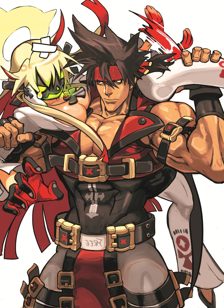 absurdres bandaid bare_shoulders belt blonde_hair bodysuit breasts brown_hair cleavage couple cowboy_shot dappi936 glowing guilty_gear guilty_gear_xrd halo highres jack-o'_valentine large_breasts long_hair mask medium_hair multicolored_hair muscular muscular_male ponytail red_eyes red_hair simple_background smear_frame sol_badguy two-tone_hair white_background white_bodysuit