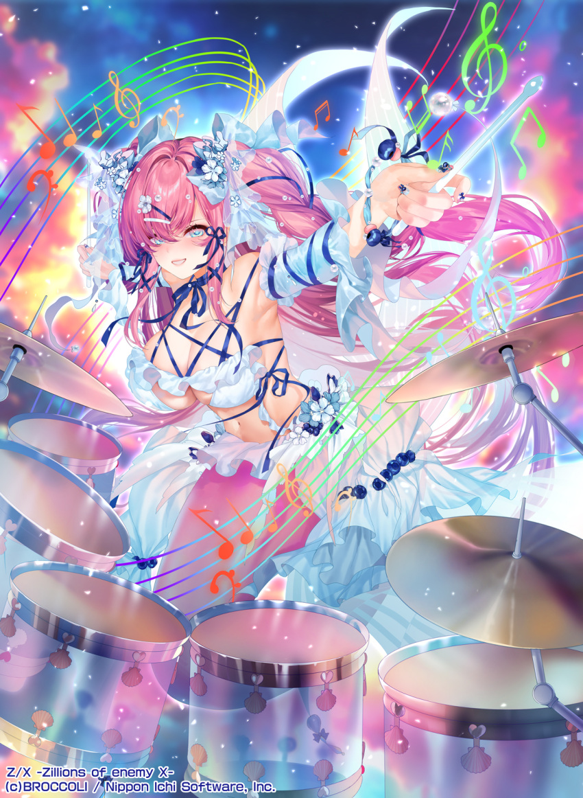 bikini blue_eyes breasts cleavage commentary_request copyright_notice drum drum_set drumsticks female frederica_(z/x) frilled_bikini frills highres holding holding_drumsticks instrument large_breasts long_hair looking_at_viewer mermaid monster_girl musical_note navel obiwan pink_hair smile solo swimsuit very_long_hair weisuoxin white_bikini z/x