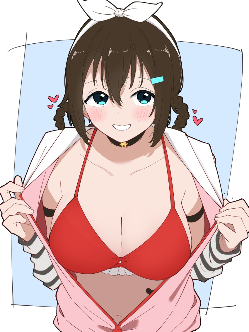 bikini blue_background blue_eyes blunt_bangs blush border bow bow_hairband braid braided_hair_rings breasts brown_hair cleavage clothes_grab commentary_request female grin hair_between_eyes hair_ornament hair_rings hairband hairclip heart highres jacket_grab large_breasts liz_(piyoko_piyop) looking_at_viewer love_live! love_live!_nijigasaki_high_school_idol_club love_live!_nijigasaki_high_school_idol_club_kanketsu-hen medium_hair official_alternate_costume official_alternate_hairstyle osaka_shizuku outside_border partially_unzipped red_bikini rise_up_high!_(love_live!) sidelocks smile solo striped_arm_warmers swimsuit upper_body white_arm_warmers white_border white_bow white_hairband