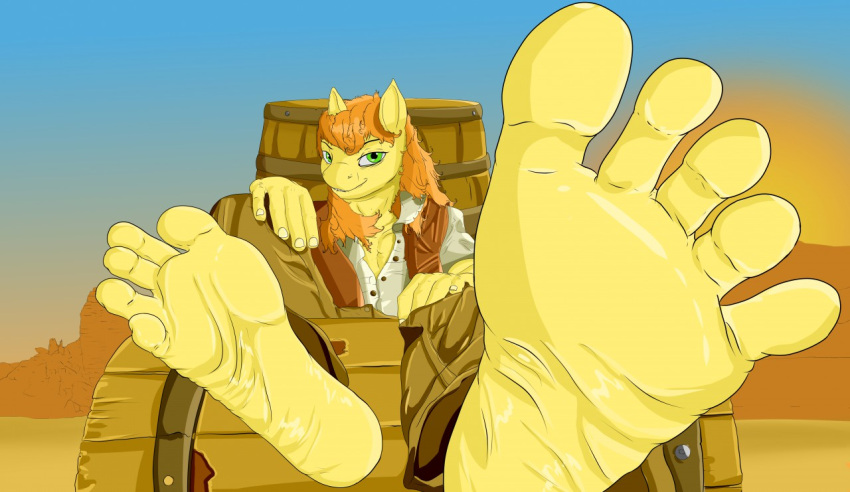 anthro barrel braeburn_(mlp) equid equine feet foot_fetish foot_focus friendship_is_magic glistening glistening_body glistening_skin hasbro horse male mammal my_little_pony paws pony pose presenting resting robinthefox showing_feet sitting soles solo sunset toes wrinkled_feet wrinkles