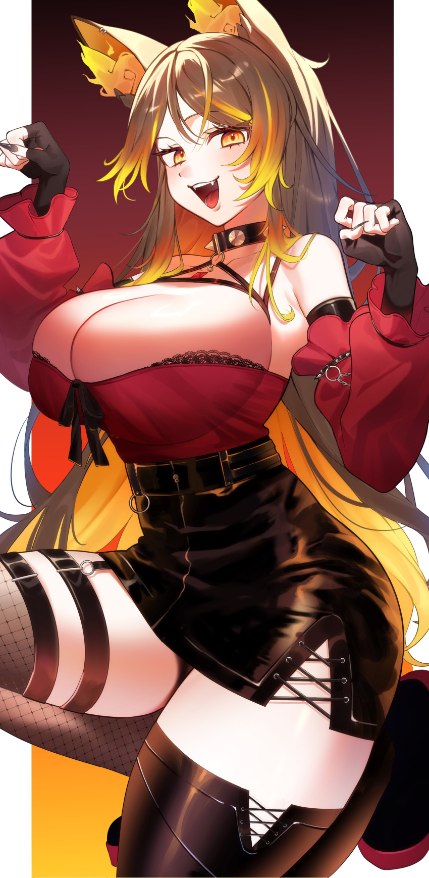 absurdres animal_ears black_bridal_gauntlets breasts bridal_gauntlets brown_hair choker cleavage collar curvy female fiery_ears fingerless_gloves gloves harness highres huge_breasts indie_virtual_youtuber long_hair looking_at_viewer multicolored_hair o_t_o_(3u9c6) orange_eyes orange_fire sinder_(vtuber) sinder_(vtuber)_(3rd_costume) skirt solo spiked_choker spiked_collar spikes streaked_hair tail thighhighs tight_top virtual_youtuber wolf_ears wolf_girl