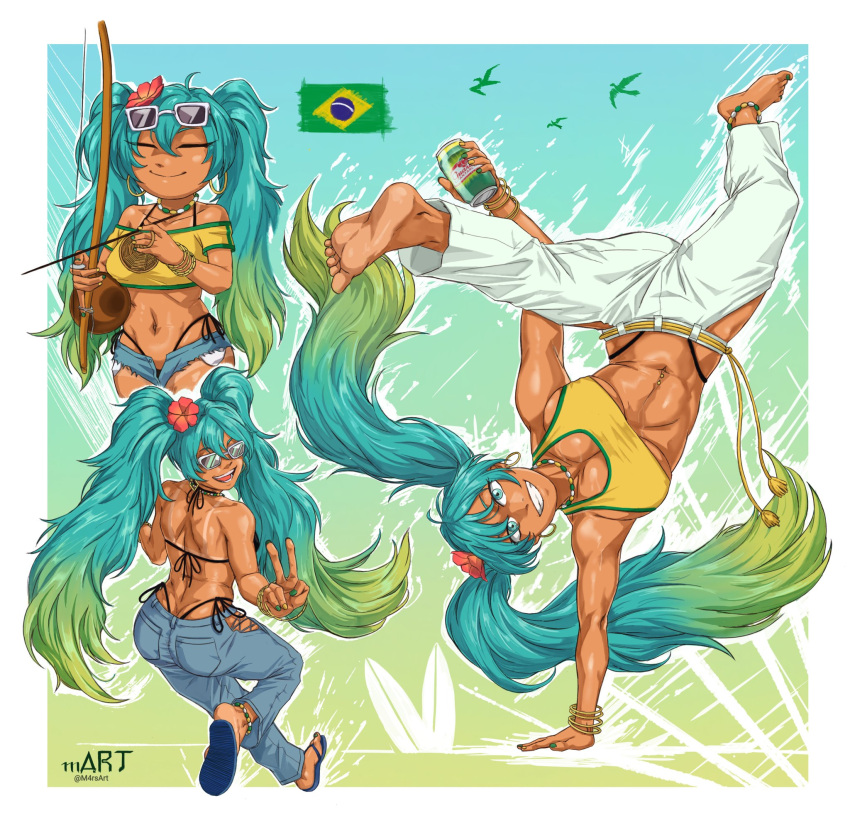 anklet aqua_eyes aqua_hair barefoot bead_choker bikini bikini_under_clothes bird black_bikini blue_footwear blue_pants blue_shorts bow_(weapon) bracelet brazilian_flag brazilian_miku breasts can capoeira closed_eyes earrings exposed_pocket eyewear_on_head female flip-flops flower gold_earrings gradient_hair green_hair green_nails guarana_antarctica hair_flower hair_ornament hatsune_miku highres holding holding_can hoop_earrings jewelry large_breasts looking_at_viewer m4rsart micro_shorts midriff multicolored_hair multiple_bracelets multiple_views navel navel_piercing off-shoulder_shirt off_shoulder open_mouth pants parted_lips piercing red_flower sandals shirt short_sleeves shorts shorts_tan smile sports_bra sunglasses swimsuit tan tanlines twitter_username vocaloid weapon white-framed_eyewear white_pants yellow_nails yellow_shirt yellow_sports_bra