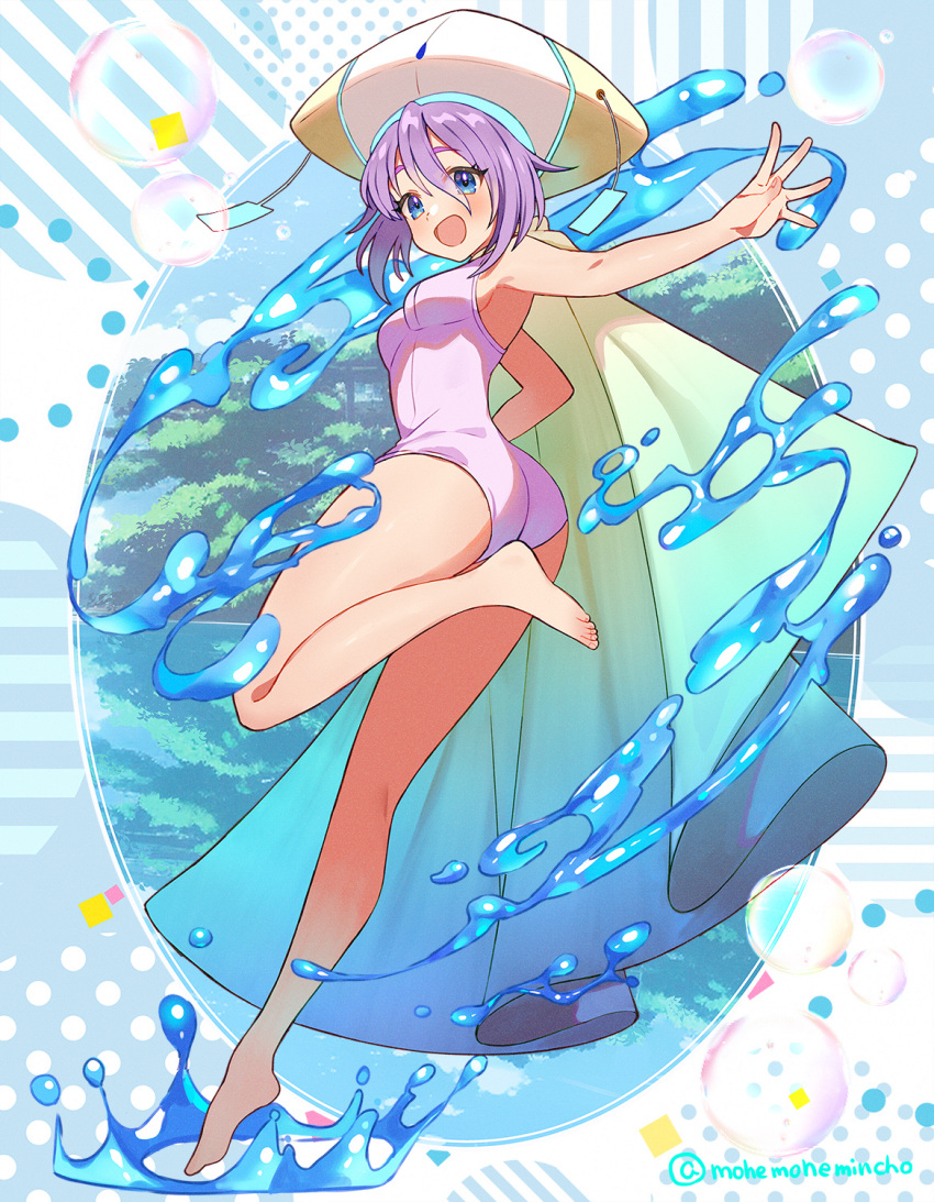 :d ass bare_arms bare_legs bare_shoulders barefoot blue_cape blue_eyes blush borrowed_character breasts bubble cape commission female from_behind gradient_cape green_cape hair_between_eyes highres large_hat long_bangs medium_breasts medium_hair mohemohemincho multicolored_cape multicolored_clothes one-piece_swimsuit original outstretched_arm oval_image pink_one-piece_swimsuit purple_hair skeb_commission smile solo splashing spread_fingers standing standing_on_one_leg swimsuit tiptoes twitter_username water yellow_cape