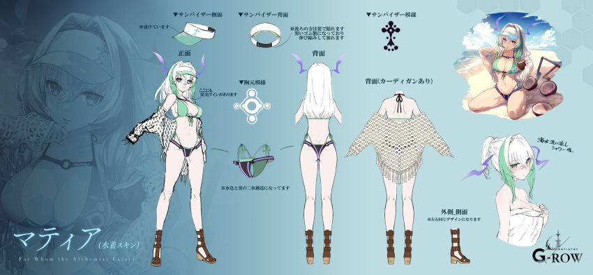 aqua_background barefoot beach bikini blue_sky breasts character_name cloud coconut_tree commentary_request dare_ga_tame_no_alchemist day female from_behind full_body green_bikini green_hair grey_eyes grey_hair hair_intakes highres kitchen_knife large_breasts looking_at_viewer matia_(dare_ga_tame_no_alchemist) midriff navel ocean official_art outdoors palm_tree reference_sheet rinzo second-party_source simple_background sitting sky swimsuit tree visor_cap wariza