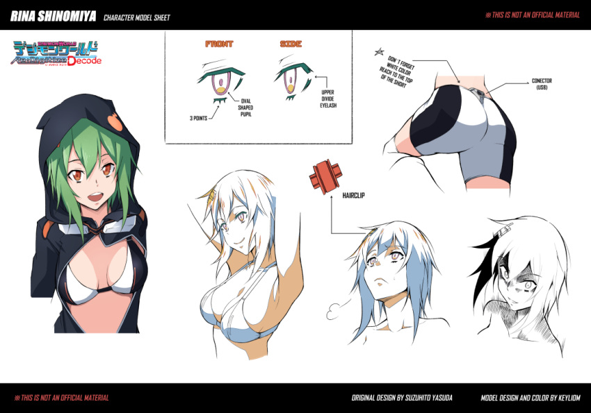 bike_shorts bikini bikini_top_only black_bikini black_jacket breasts cleavage digimon digimon_world_re:digitize female goggles goggles_around_neck green_hair hair_between_eyes hood hood_up hooded_jacket jacket keyliom long_sleeves looking_at_viewer orange_eyes over-kneehighs partially_unzipped print_footwear print_jacket print_shorts reference_sheet shinomiya_rina short_hair short_hair_with_long_locks shorts sidelocks smile swimsuit thighhighs two-tone_bikini white_bikini