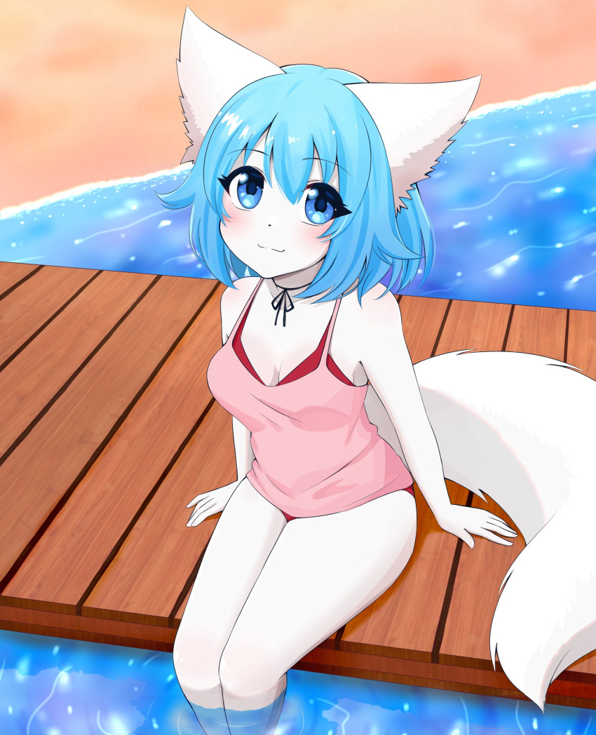 :3 animal_ears bare_arms bare_shoulders beach blue_eyes blue_hair colored_skin dock english_commentary female highres indie_virtual_youtuber light_blush liquid one-piece_swimsuit partially_submerged short_hair sitting swimsuit tail thick_eyelashes thighs virtual_youtuber water wolf_ears wolf_girl wolf_tail wolfychu wolfychu_(artist)