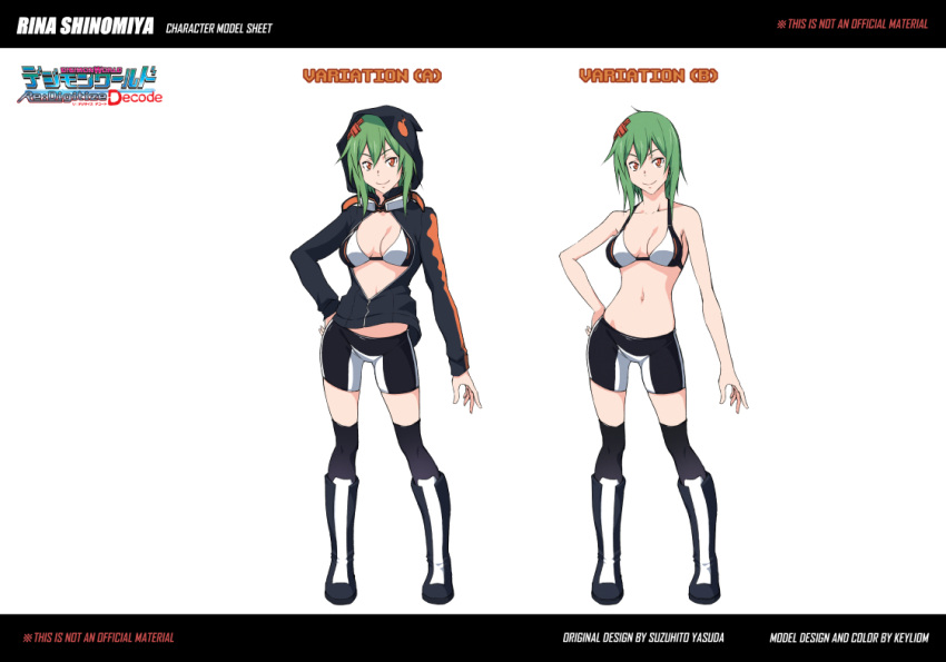 bike_shorts bikini bikini_top_only black_bikini black_jacket breasts cleavage digimon digimon_world_re:digitize female goggles goggles_around_neck green_hair hair_between_eyes hood hood_up hooded_jacket jacket keyliom long_sleeves looking_at_viewer orange_eyes over-kneehighs partially_unzipped print_footwear print_jacket print_shorts reference_sheet shinomiya_rina short_hair short_hair_with_long_locks shorts sidelocks smile swimsuit thighhighs two-tone_bikini white_bikini