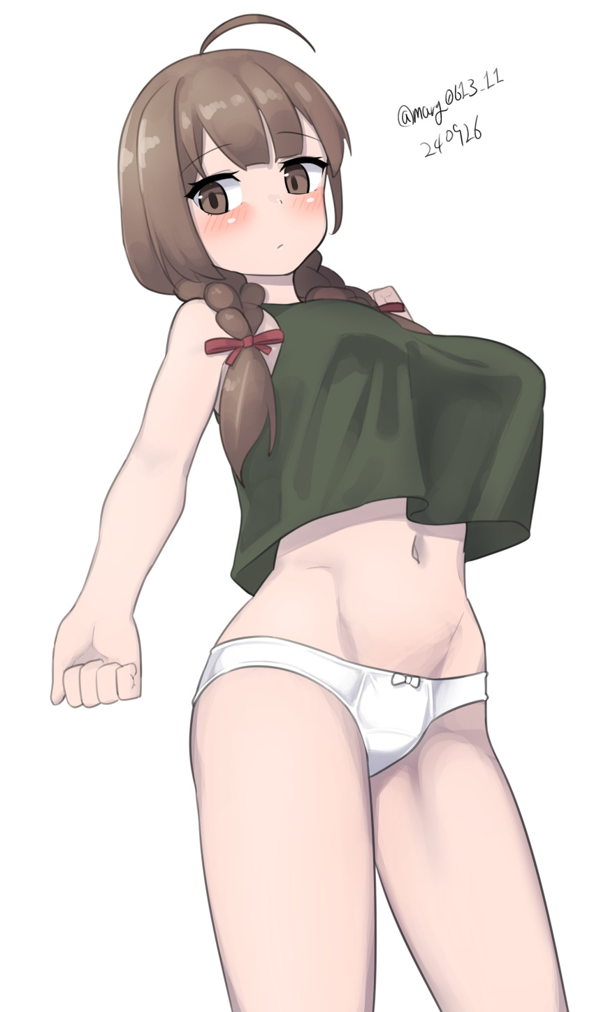 absurdres ahoge braid breasts brown_eyes brown_hair cowboy_shot crop_top dated female green_tank_top highres kantai_collection large_breasts long_hair maru_(marg0613) one-hour_drawing_challenge panties shinshuu_maru_(kancolle) simple_background solo tank_top twin_braids twitter_username underwear white_background white_panties