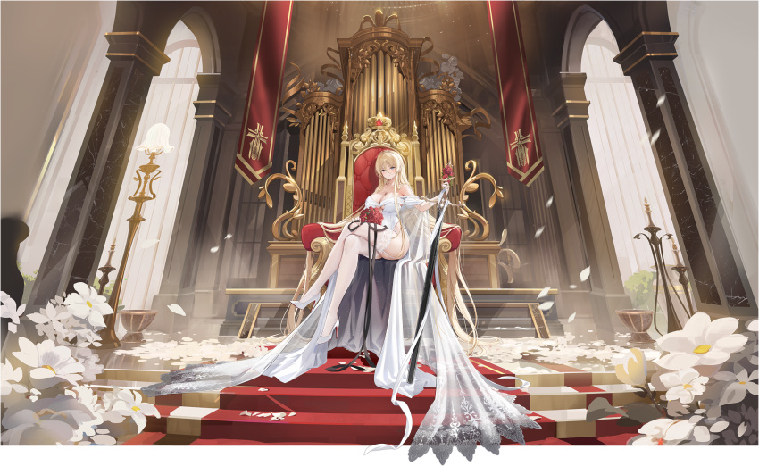 absurdly_long_hair absurdres azur_lane bismarck_(azur_lane) bismarck_(wedding_dominion)_(azur_lane) black_ribbon blonde_hair blue_eyes blurry bouquet breasts closed_mouth cross cross_necklace crossed_legs dress earrings feathers female flower foreshortening hair_between_eyes high_heels highres holding holding_bouquet holding_sword holding_weapon indoors jewelry kurumi_(recycllamo) large_breasts long_hair looking_at_viewer motion_blur necklace non-web_source official_alternate_costume official_art red_flower red_rose ribbon ring rose sitting sitting_on_throne solo sword thighhighs thighs very_long_hair weapon wedding_dress wedding_ring white_dress white_footwear white_thighhighs