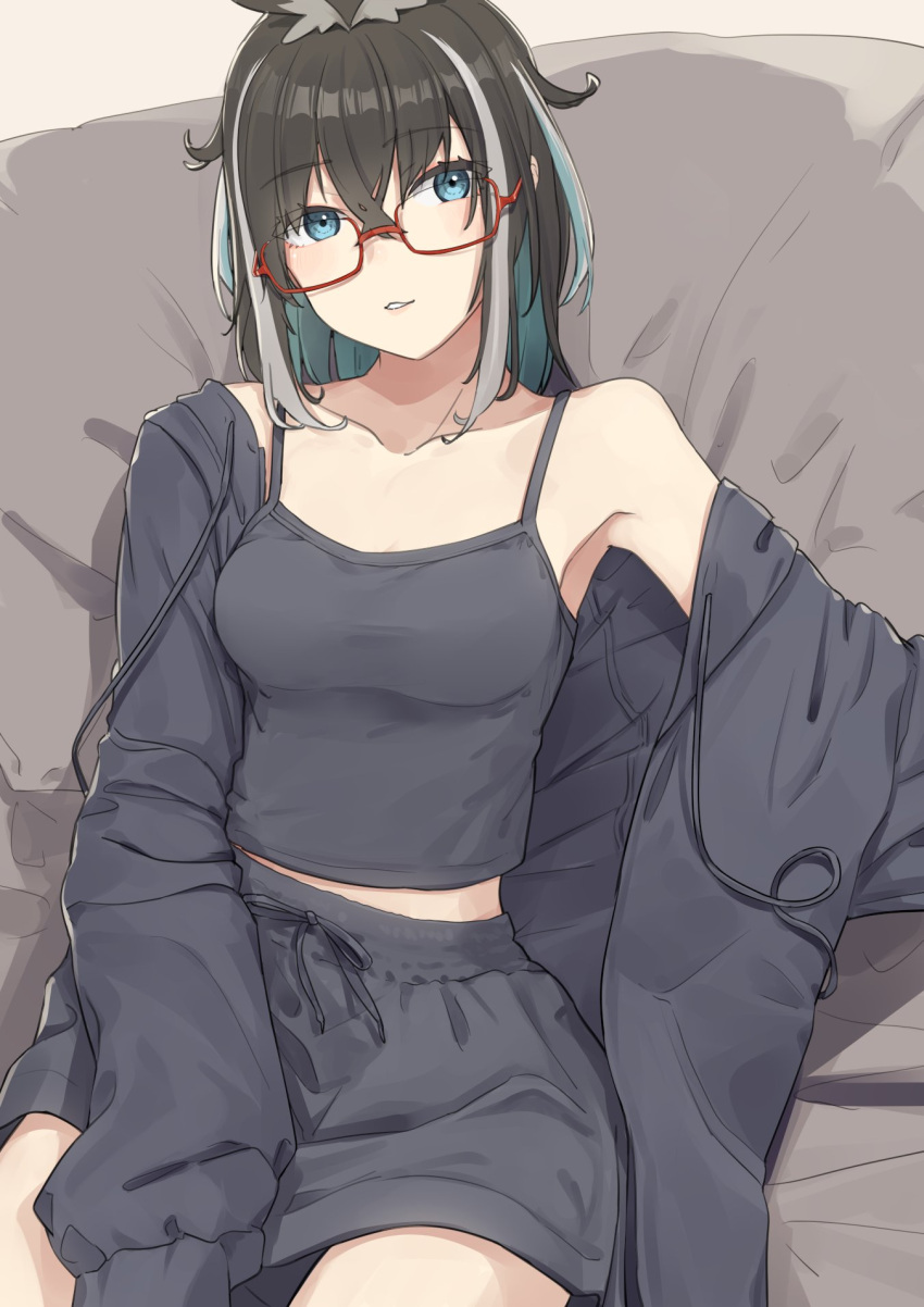 alternate_costume atsushima bean_bag_chair black_hair black_jacket black_shorts black_tank_top blue_eyes blue_hair blush breasts commentary_request cowboy_shot dolphin_shorts female glasses grey_background grey_hair hair_between_eyes highres jacket jacket_partially_removed long_bangs looking_at_viewer medium_breasts medium_hair multicolored_hair nanashi_inc. oura_rukako parted_lips red-framed_eyewear shorts smile solo streaked_hair tank_top virtual_youtuber