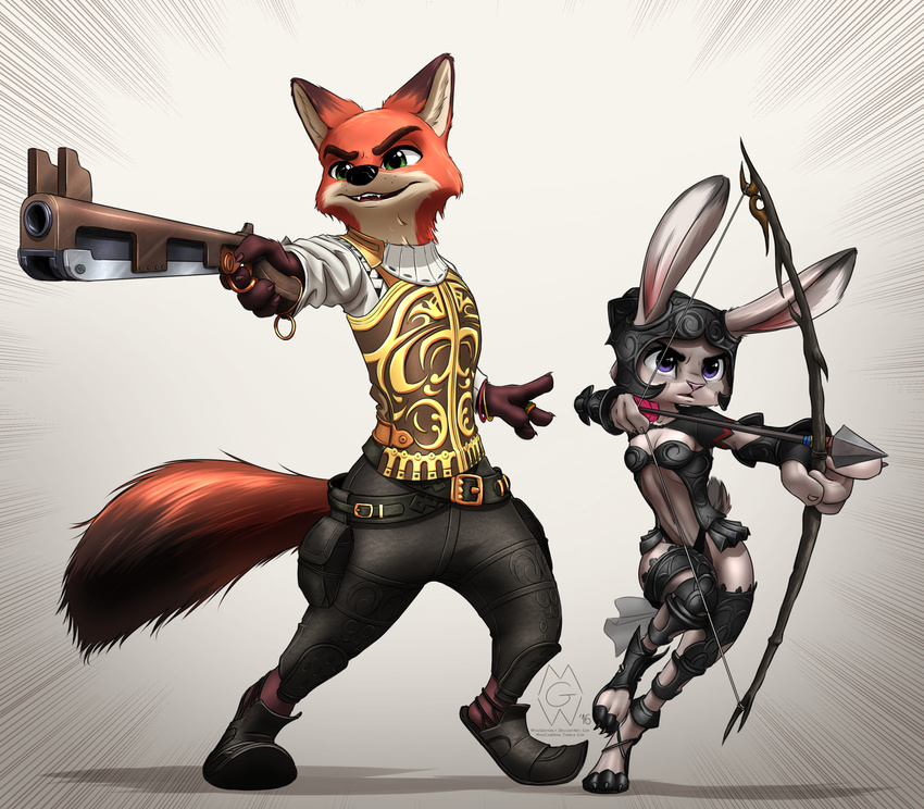 2016 absurd_res anthro armor arrow_(weapon) balthier belt black_nose bow_(weapon) brown_body brown_fur canid canine clothed clothing cosplay crossover crossover_cosplay digital_media_(artwork) dipstick_tail disney duo fangs female final_fantasy final_fantasy_xii footwear fox fran_(final_fantasy) fully_clothed fur green_eyes grey_body grey_fur gun headgear helmet hi_res holding_gun holding_object holding_ranged_weapon holding_weapon judy_hopps lagomorph leporid long_ears male mammal markings midriff multicolored_tail mykegreywolf nick_wilde purple_eyes rabbit ranged_weapon red_fox signature square_enix standing tail tail_markings teeth true_fox weapon zootopia