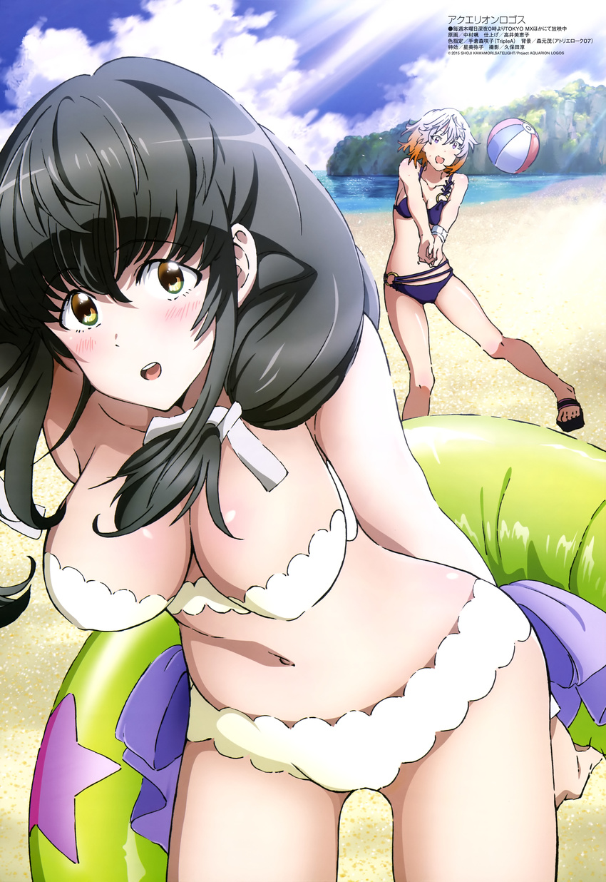 2girls :d absurdres aquarion_(series) aquarion_logos arms_behind_back ball bandeau beach beachball bikini black_hair blue_bikini blush bow bracelet breasts brown_eyes cleavage cliff cloud day feet gradient_hair hair_between_eyes hair_over_shoulder hair_ribbon happy highres hip_focus holding innertube jewelry kikogami_kokone large_breasts leaning_forward legs_apart light_rays megami_magazine messy_hair multicolored_hair multiple_girls nakamura_hayate navel non-web_source o-ring o-ring_bikini o-ring_bottom o-ring_top ocean official_art open_mouth orange_hair outdoors own_hands_together platform_footwear ribbon sandals sidelocks silver_hair sky smile star_(symbol) star_print strapless strapless_bikini sunbeam sunlight swim_ring swimsuit tsukigane_maia v_arms water white_bikini white_hair