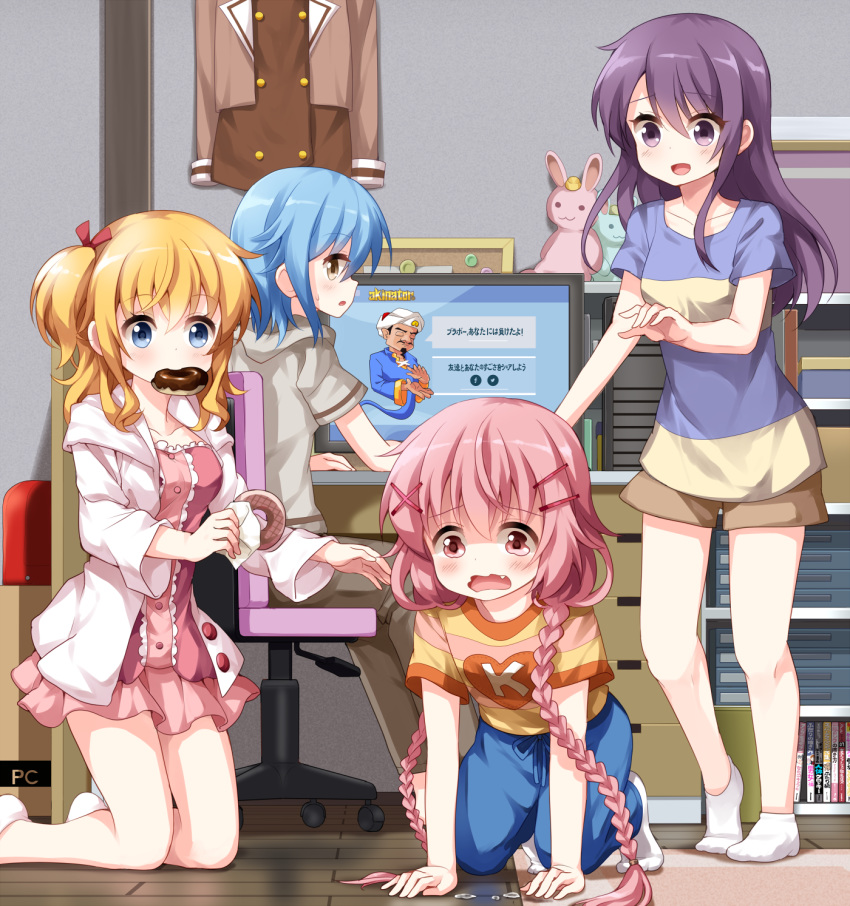 4girls akinator akinator_(site) blonde_hair blue_eyes blue_hair braid chair collarbone comic_girls commentary_request computer doughnut food food_in_mouth hair_ornament hair_ribbon hairclip highres indoors irokawa_ruki katsuki_tsubasa koizuka_koyume long_hair moeta_kaoruko multiple_girls no_shoes oerba_yun_fang office_chair pink_eyes pink_hair purple_eyes purple_hair red_ribbon ribbon ruu_(tksymkw) shirt short_hair side_ponytail socks stuffed_animal stuffed_rabbit stuffed_toy swivel_chair t-shirt translation_request twin_braids wavy_eyes wavy_mouth white_socks x_hair_ornament yellow_eyes