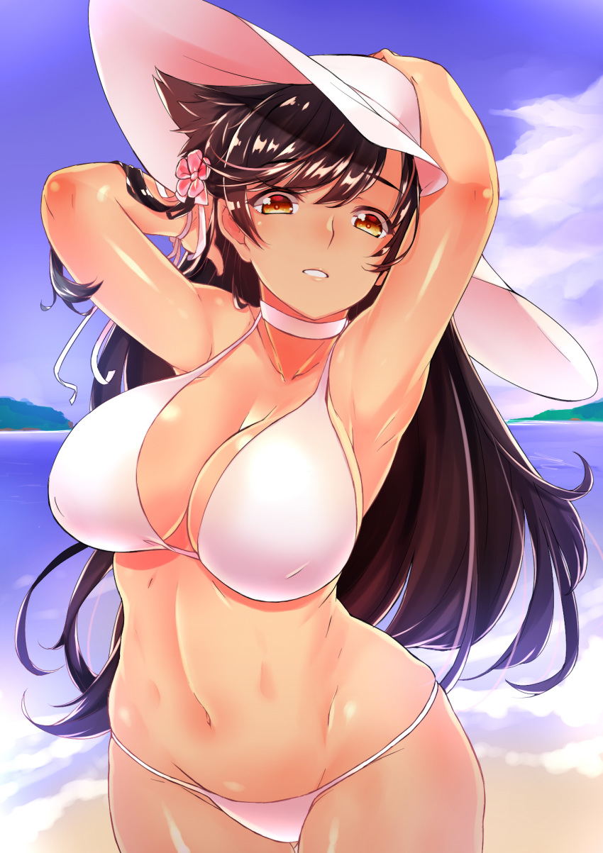 alternate_costume armpits arms_behind_head atago_(azur_lane) azur_lane bad_id bad_pixiv_id beach between_legs bikini black_hair blue_sky blurry blurry_background blush breasts brown_eyes chiha_(abo_ecm_mk25) cleavage cloud commentary_request day female groin hair_ornament hair_ribbon half-closed_eyes hand_between_legs hat highres large_breasts long_hair looking_at_viewer mole mole_under_eye navel ocean outdoors parted_lips ponytail ribbon ripples sand sky smile solo stomach sun_hat swept_bangs swimsuit tareme thighs very_long_hair water white_bikini white_hat wristband