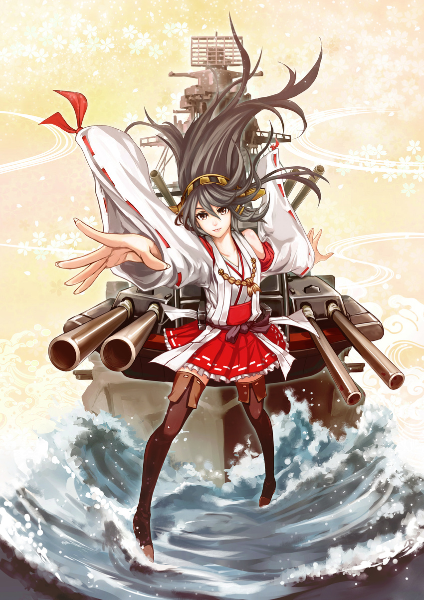 absurdres bare_shoulders battleship black_hair black_thighhighs blush breasts brown_eyes brown_hair cannon commentary_request detached_sleeves female hair_ornament hairband haruna_(battleship) haruna_(kancolle) highres historical_name_connection iyokamioto japanese_clothes kantai_collection lips long_hair medium_breasts military military_vehicle name_connection object_namesake photoshop_(medium) radar radio ship skirt smile solo thighhighs turret vehicle_and_personification warship water watercraft