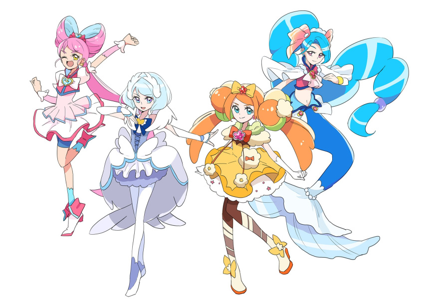 4girls ;d arm_up bike_shorts blue_eyes blue_hair blue_legwear blue_shorts boots bow buntatta commentary_request crop_top dress fingerless_gloves frilled_dress frills full_body gloves hairband hairbow hand_on_own_chest high_ponytail highres magical_girl mermaid midriff monster_girl multiple_girls navel one_eye_closed open_mouth orange_hair original personification pink_eyes pink_hair pokemon pom_pom_(clothes) ponytail precure primarina puffy_short_sleeves puffy_sleeves short_sleeves shorts shorts_under_dress simple_background sleeveless sleeveless_dress smile socks standing standing_on_one_leg swanna sylveon twintails whimsicott white_background white_gloves yellow_dress yellow_eyes