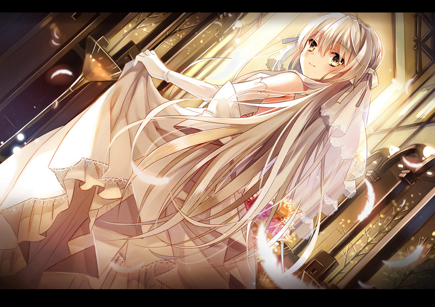 blonde_hair bridal_veil bride church commentary_request dress elbow_gloves feathers female flower gloves hair_ribbon jiji_(381134808) kasugano_sora letterboxed long_hair ribbon sleeveless sleeveless_dress smile solo veil very_long_hair wedding wedding_dress white_dress white_gloves yosuga_no_sora