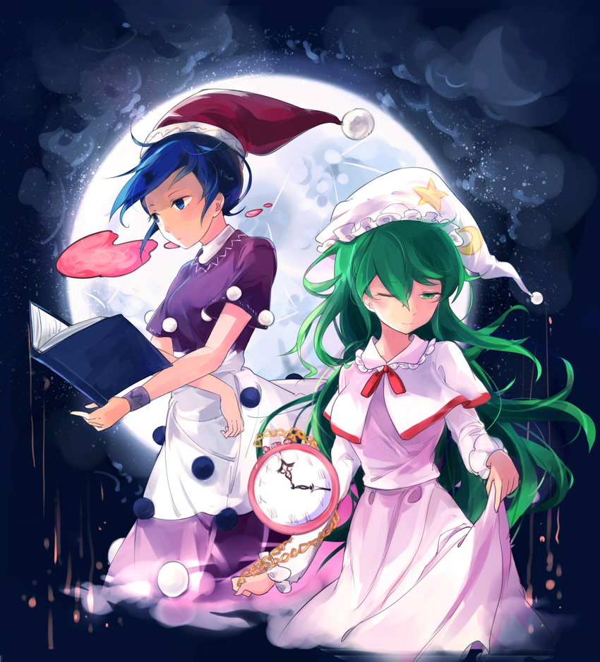 2girls backlighting blob blue_eyes blue_hair book bracelet breasts capelet clothes_lift cloud commentary doremy_sweet dream_soul dress expressionless eyes_visible_through_hair full_moon green_hair half-closed_eye hat highres jewelry kazami_yuuka kazami_yuuka_(pc-98) light_trail long_hair long_skirt long_sleeves looking_down medium_breasts moon moon_print moonlight multicolored_clothes multicolored_dress multiple_girls night_clothes nightcap one_eye_closed open_book pink_shirt pink_skirt purple_dress reading shirt short_hair short_sleeves skirt skirt_lift star_(symbol) star_print touhou touhou_(pc-98) very_long_hair white_dress wind yorktown_cv-5