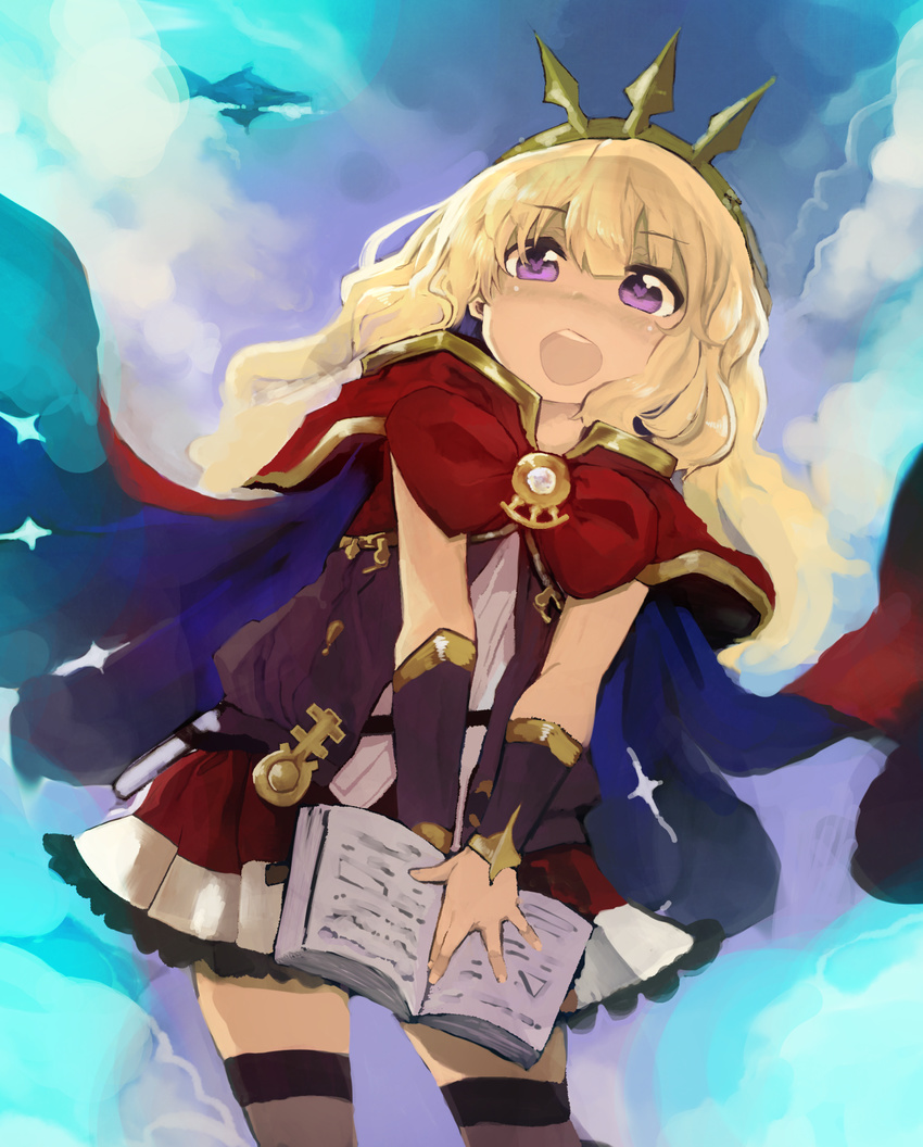 :d aircraft airship blonde_hair blush book cagliostro_(granblue_fantasy) cape cloud commentary_request female granblue_fantasy grancypher_(granblue_fantasy) hairband highres holding holding_book izuoku long_hair nose_blush open_book open_mouth purple_eyes skirt sky smile solo sparkle spikes vial