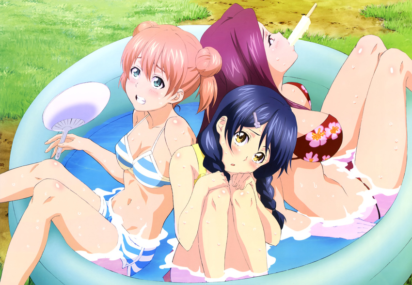 3girls absurdres bikini blue_eyes blue_hair blush breasts brown_eyes cleavage food hand_fan highres hugging_own_legs large_breasts legs multiple_girls non-web_source nyantype official_art orange_hair pool popsicle red_hair sakaki_ryouko shokugeki_no_souma striped_bikini striped_clothes swimsuit tadokoro_megumi wading_pool water yoshino_yuuki