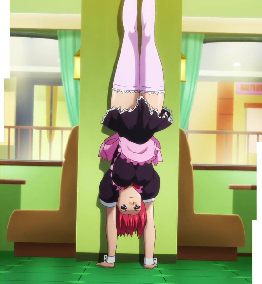 bandaid curtains exercise female female floor hairline handstand highres indoors lace lace-trimmed_thighhighs legs legs_together looking_at_viewer maid maken-ki! pink_legwear puffy_sleeves purple_eyes red_hair screencap serious shadow shinatsu_azuki shiny shiny_skin short_hair short_sleeves solo stitched thighhighs thighs upside-down wall wrist_cuffs zettai_ryouiki