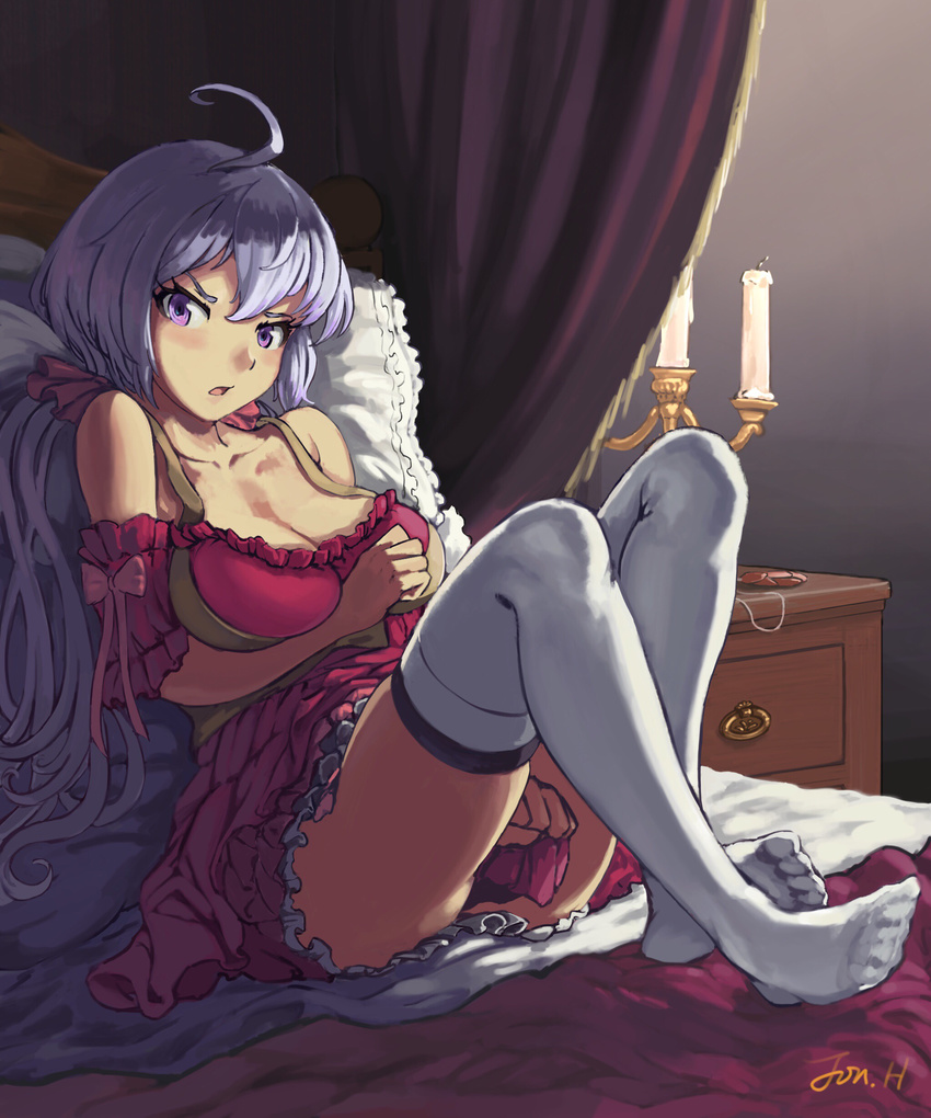 absurdres ahoge artist_name bare_shoulders bed bed_sheet blush breasts candle candlestand cleavage commentary_request detached_sleeves dress dress_tug female full_body grey_hair hair_between_eyes hair_ornament hair_scrunchie highres jonathan_h large_breasts long_hair looking_at_viewer no_shoes open_mouth pillow purple_eyes red_dress scrunchie senki_zesshou_symphogear sitting solo thighhighs twintails very_long_hair white_thighhighs yukine_chris