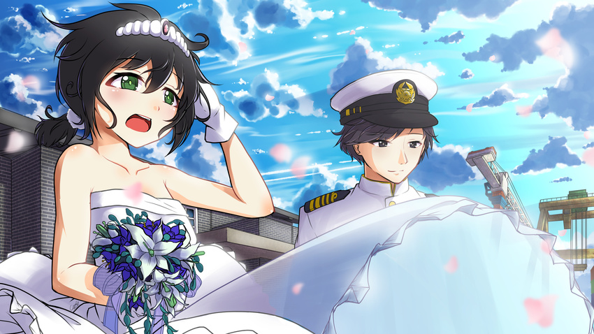 1boy admiral_(kancolle) carillus commentary_request dress female flower fubuki_(kancolle) green_eyes hat highres kantai_collection military military_hat military_uniform uniform wedding_dress