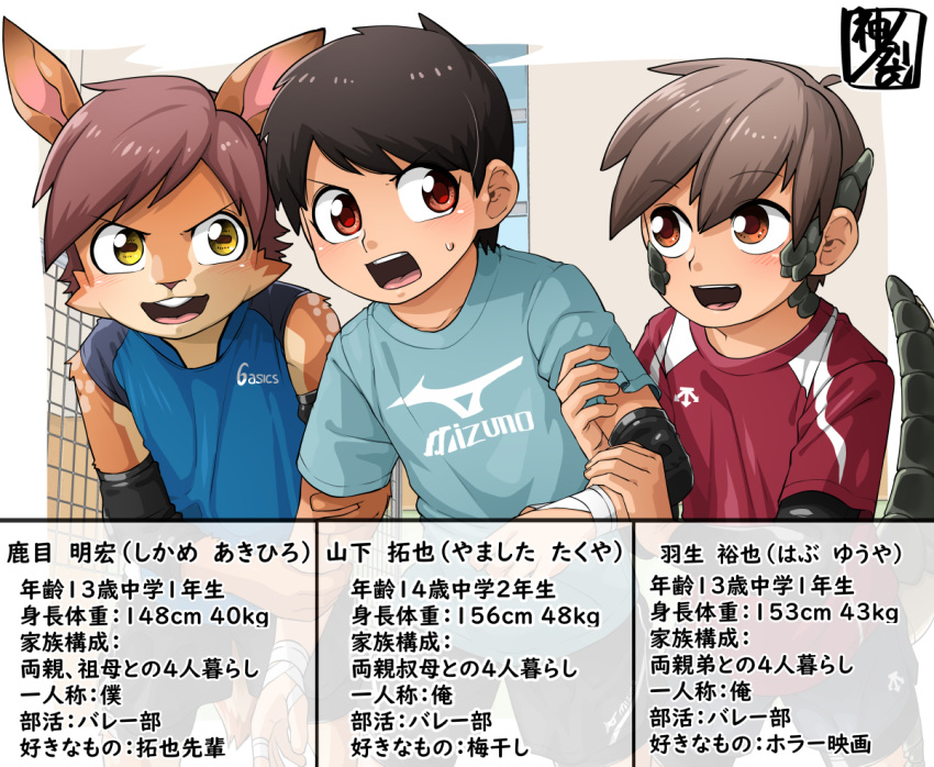 2018 animal_humanoid anthro asics clothed clothing deer english_text fully_clothed greeting group human humanoid japanese_text kaminosaki lolicon male mammal mizuno scalie scalie_humanoid shikame_akihiro sport sportswear takuya_yamashita text volleyball young young_anthro young_human young_humanoid young_male yuuya_habu