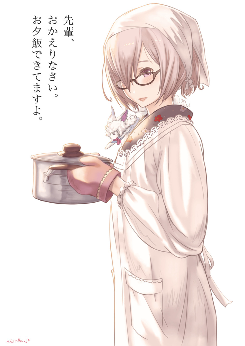 alternate_costume apron black-framed_eyewear commentary_request eimelle_(nikukyuu) eyes_visible_through_hair fate/grand_order fate_(series) female fou_(fate) glasses gloves hair_over_one_eye highres holding japanese_clothes kappougi looking_at_viewer mash_kyrielight purple_eyes purple_hair short_hair solo translation_request